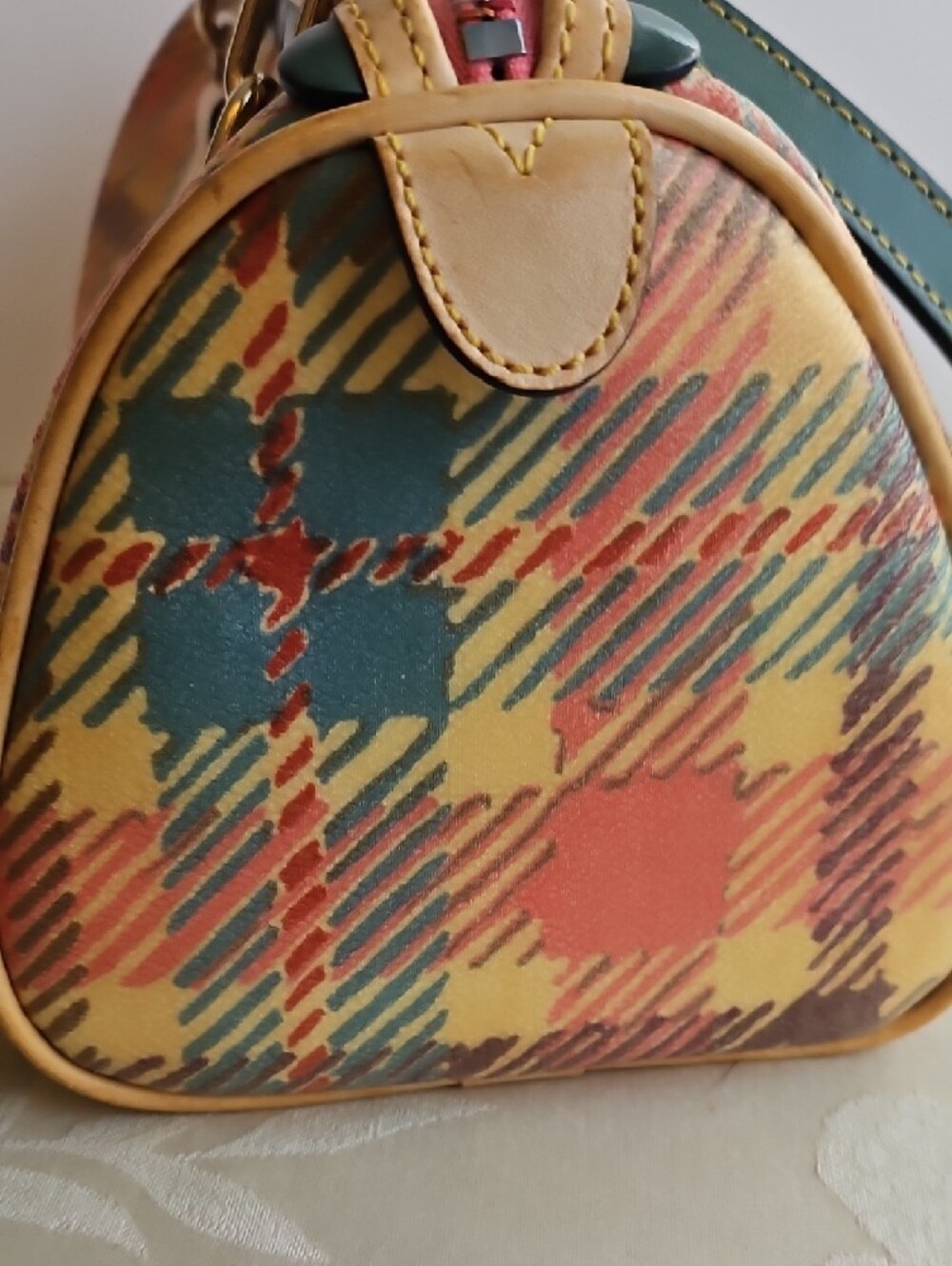 Dooney & Bourke Multicolor Plaid Satchel with Teal Trim and Pink Heart Charm - Picture 6 of 13